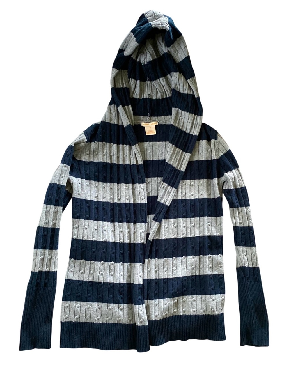 Y2K Cardigan Hooded Cotton Sweater Ribbed Striped Open Front Vintage Medium